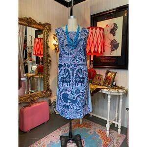 1960s novelty print sheath blue cotton ethnic print 60s dress large folk art
